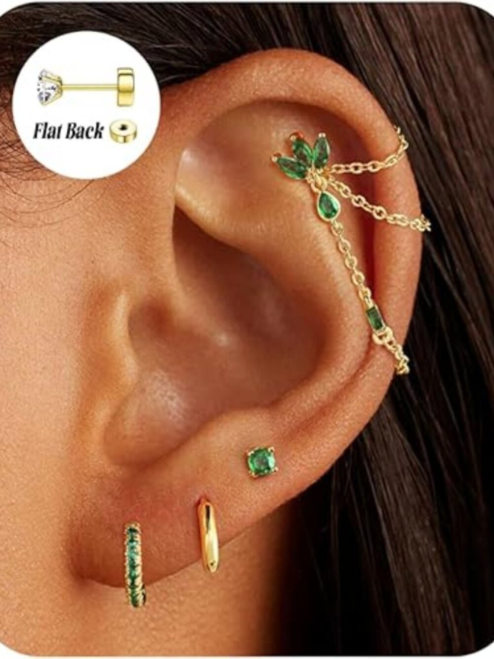 7pc Earring Stack Set Cartilage Helix Hoop Stud Huggie Chain Triple Cubic